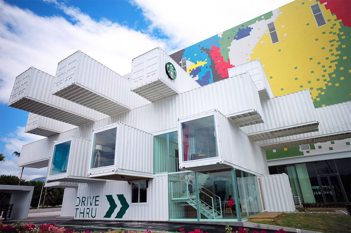 starbucks shipping containers drive thru