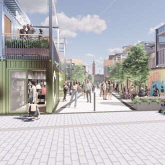 new development in leiscester flanked by containers architects rendering