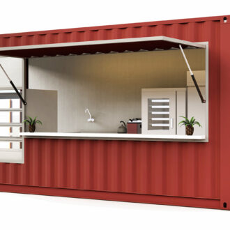shipping containers for catering red paint serving hatch open