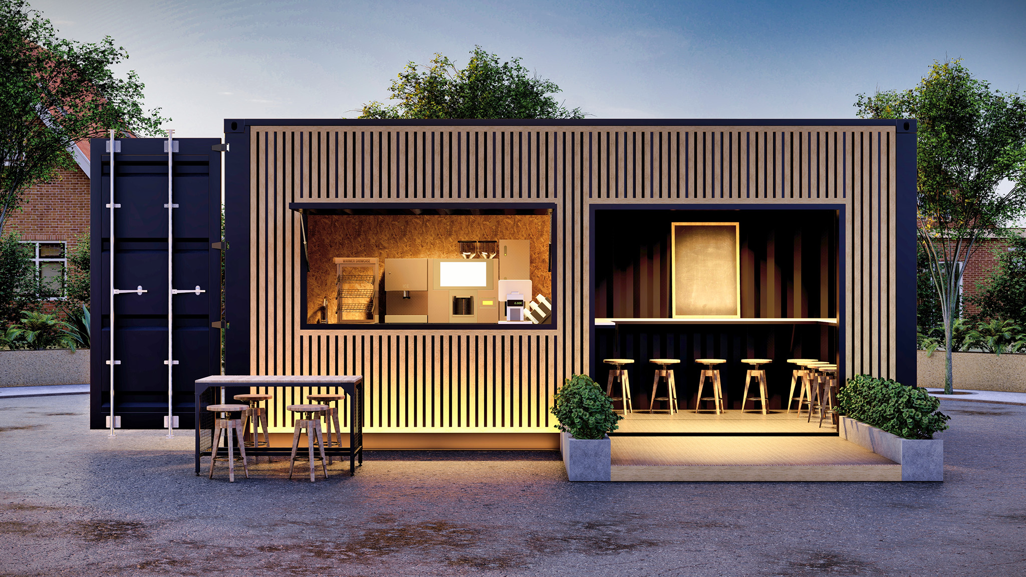 shipping container bar catering unit serving hatch mood lighting planters