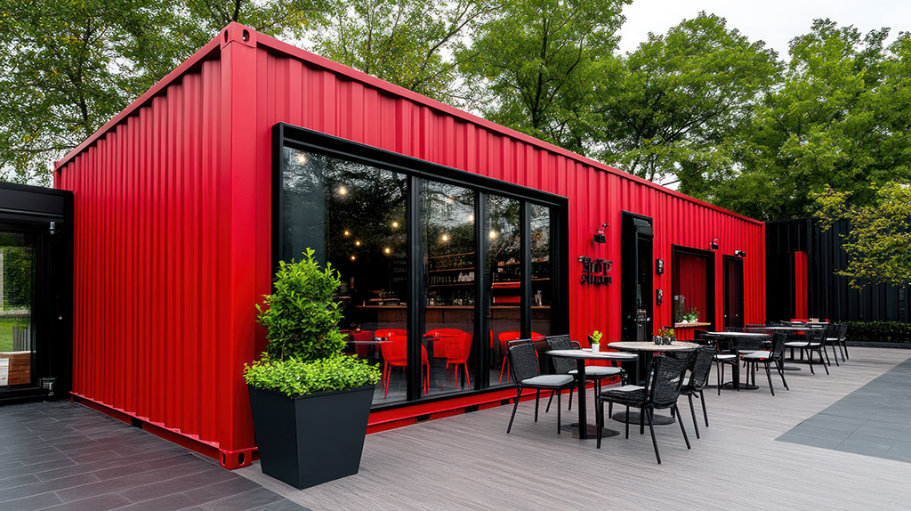 shipping container restaurant modern design red paint black frames decking outside seating planters
